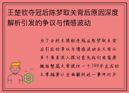 王楚钦夺冠后陈梦取关背后原因深度解析引发的争议与情感波动